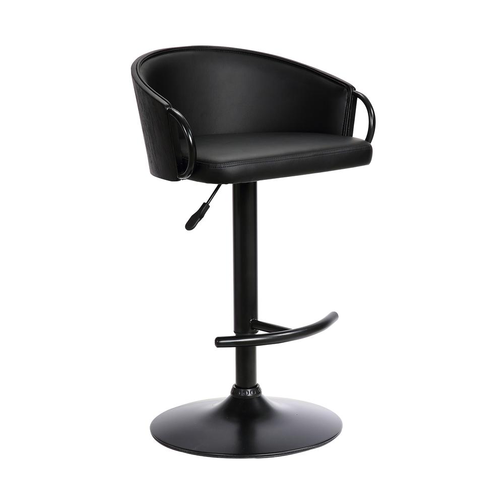 Montego Adjustable Black Faux Leather Swivel Barstool in Black Powder Coated Finish. Picture 1