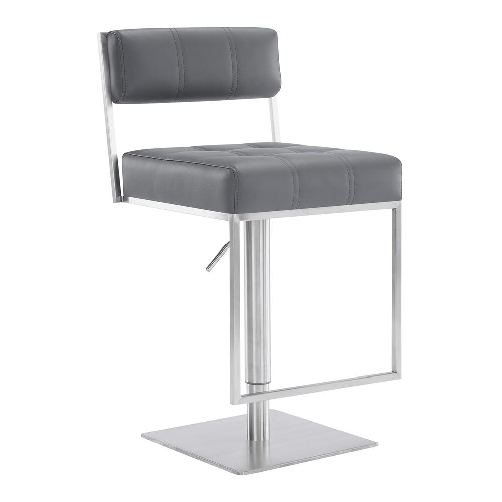 Michele Contemporary Swivel Barstool in Brushed Stainless Steel and Grey Faux Leather. Picture 1
