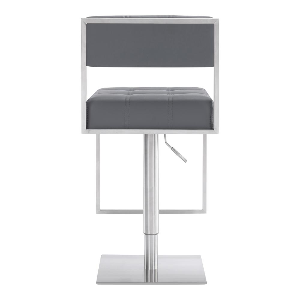 Michele Contemporary Swivel Barstool in Brushed Stainless Steel and Grey Faux Leather. Picture 4