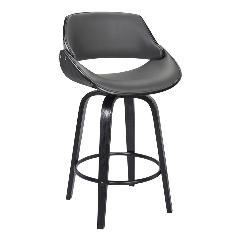 Mona Contemporary 26" Counter Height Swivel Barstool in Black Brush Wood Finish and Grey Faux Leather. Picture 1