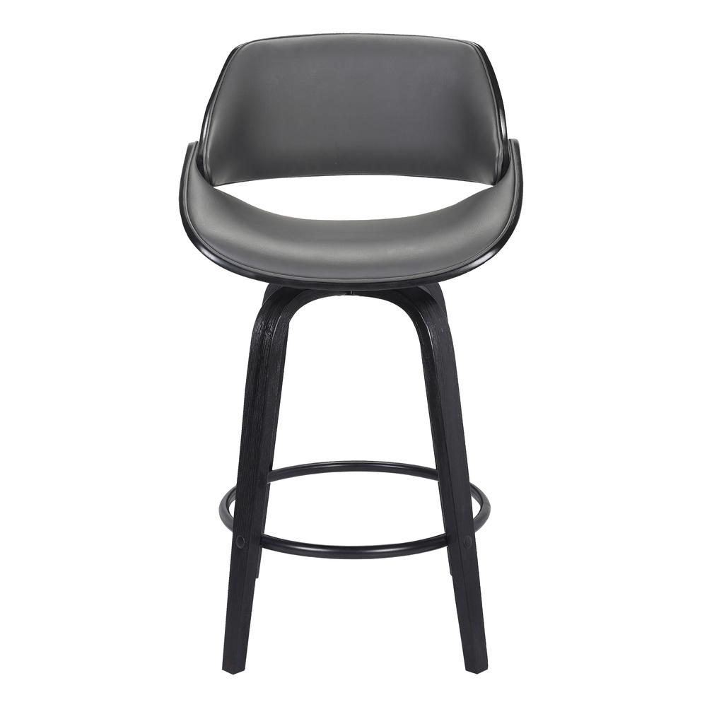 Mona Contemporary 26" Counter Height Swivel Barstool in Black Brush Wood Finish and Grey Faux Leather. Picture 2