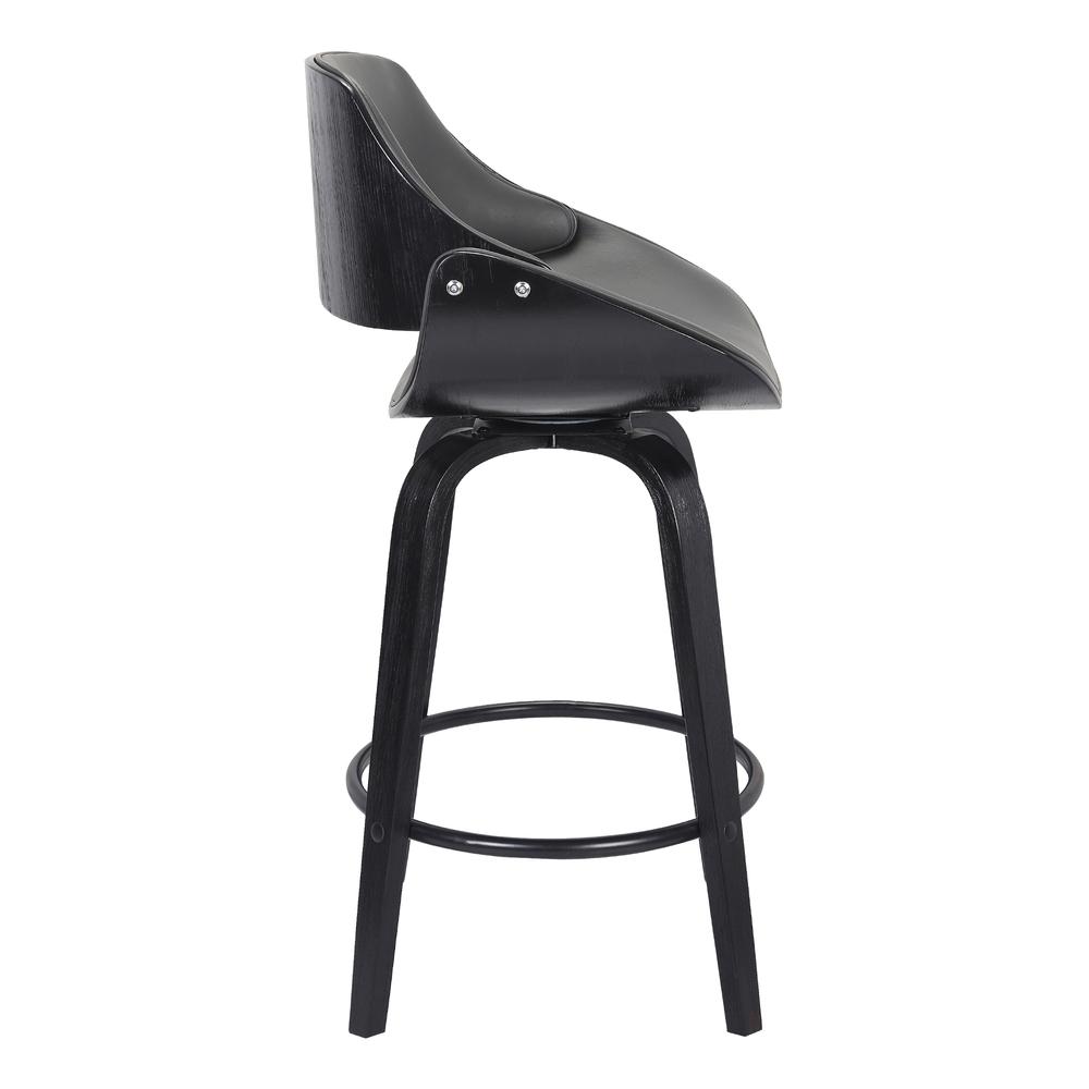 Mona Contemporary 26" Counter Height Swivel Barstool in Black Brush Wood Finish and Grey Faux Leather. Picture 3