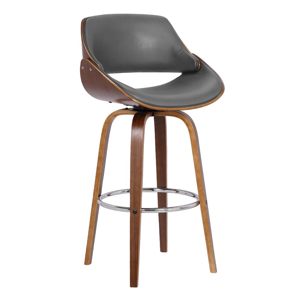 Mona Contemporary 26" Counter Height Swivel Barstool in Walnut Wood Finish and Grey Faux Leather. Picture 1