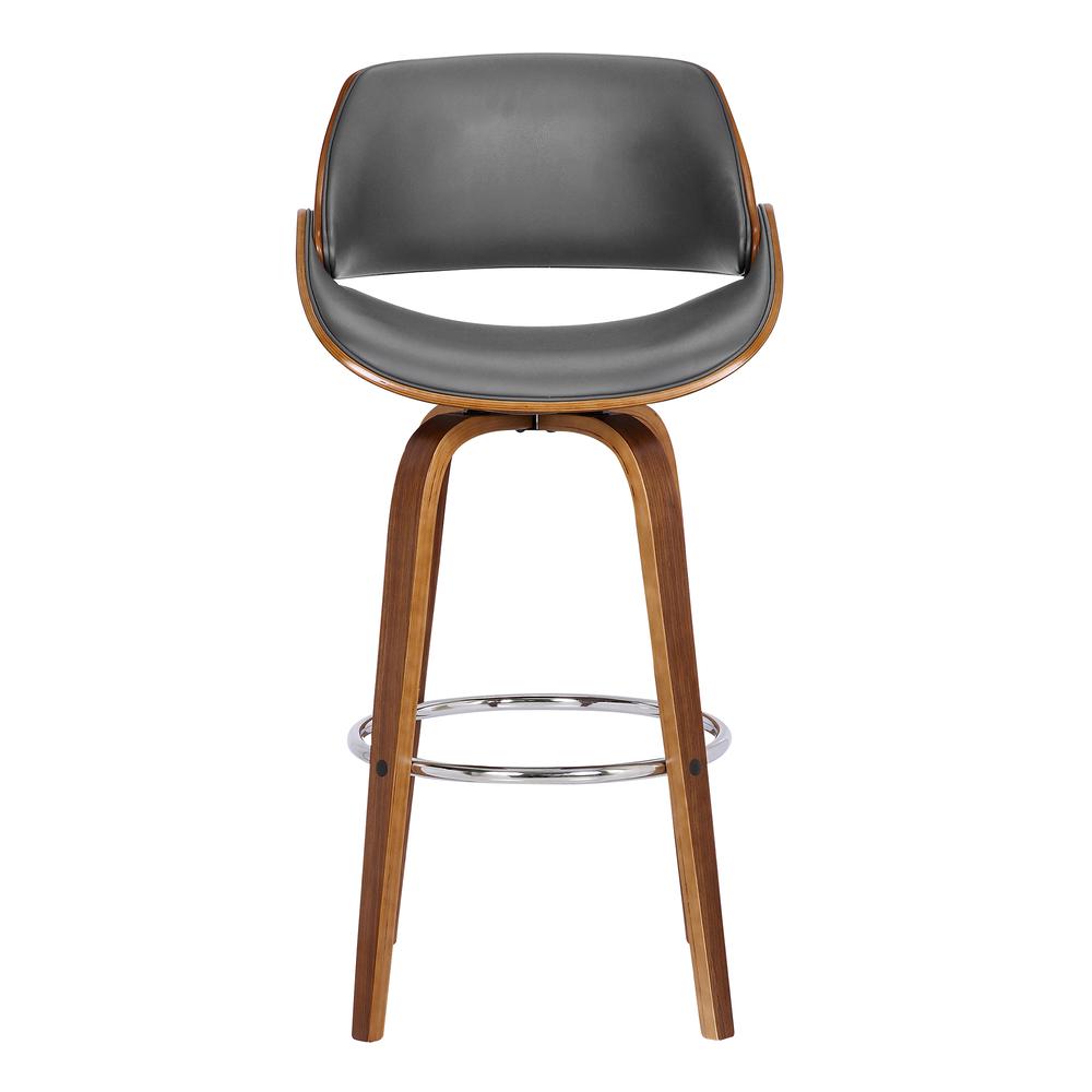 Mona Contemporary 26" Counter Height Swivel Barstool in Walnut Wood Finish and Grey Faux Leather. Picture 2