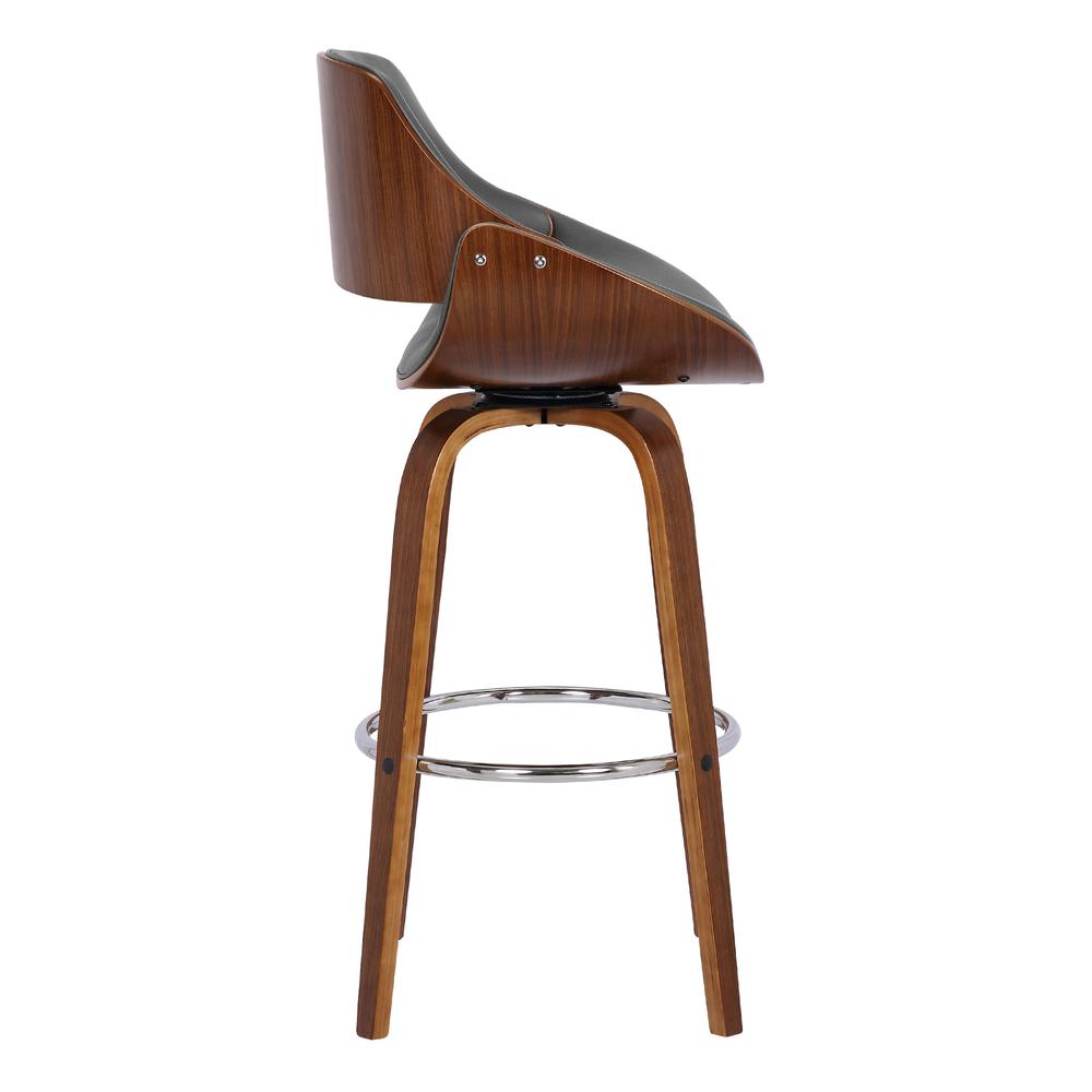 Mona Contemporary 26" Counter Height Swivel Barstool in Walnut Wood Finish and Grey Faux Leather. Picture 3