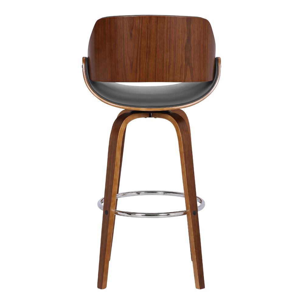Mona Contemporary 26" Counter Height Swivel Barstool in Walnut Wood Finish and Grey Faux Leather. Picture 5
