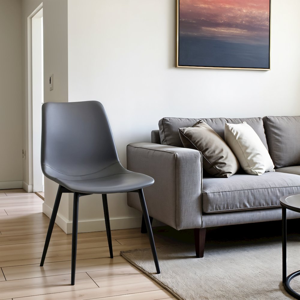 Gray Faux Leather Dining Chair with Black Powder-Coated Metal Legs. Picture 5