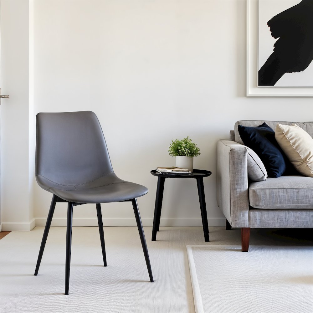 Gray Faux Leather Dining Chair with Black Powder-Coated Metal Legs. Picture 6