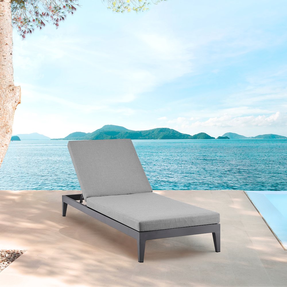 Outdoor Patio Adjustable Chaise Lounge Chair in Aluminum with Gray Cushions. Picture 10