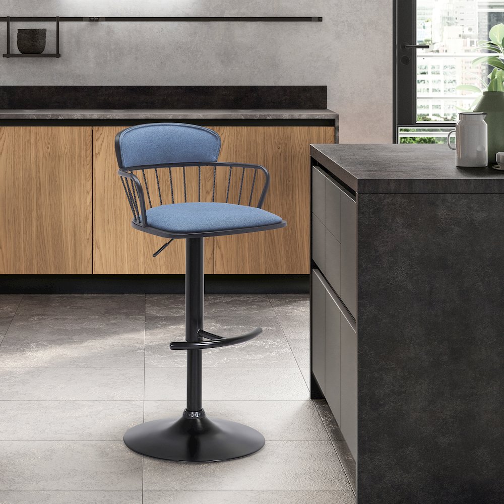 Nash Upholstered Wood Adjustable Bar Stool with Black Metal Base. Picture 9