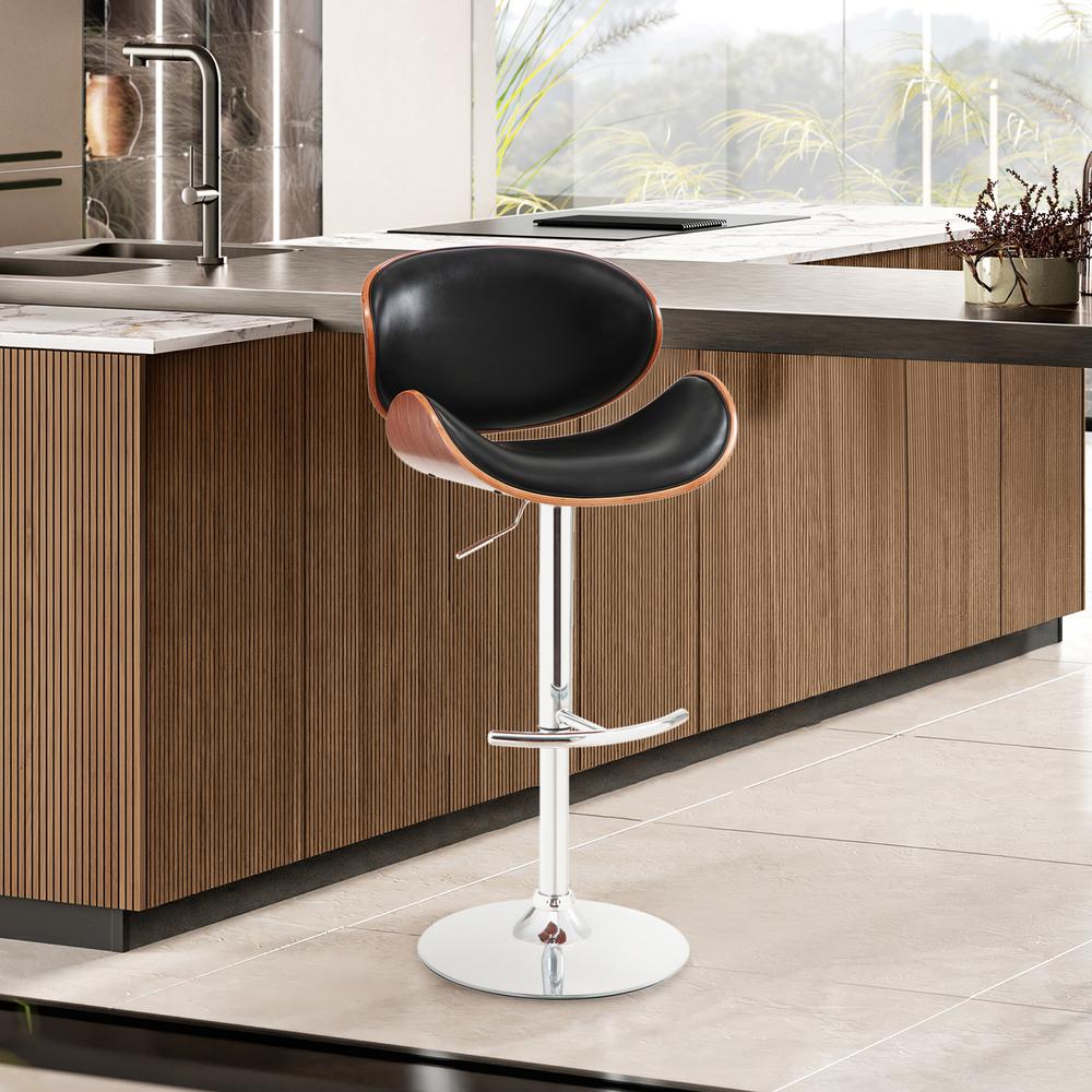 Armen Living Naples Swivel Barstool in Chrome finish with Black Faux Leather and Walnut Veneer Back. Picture 1