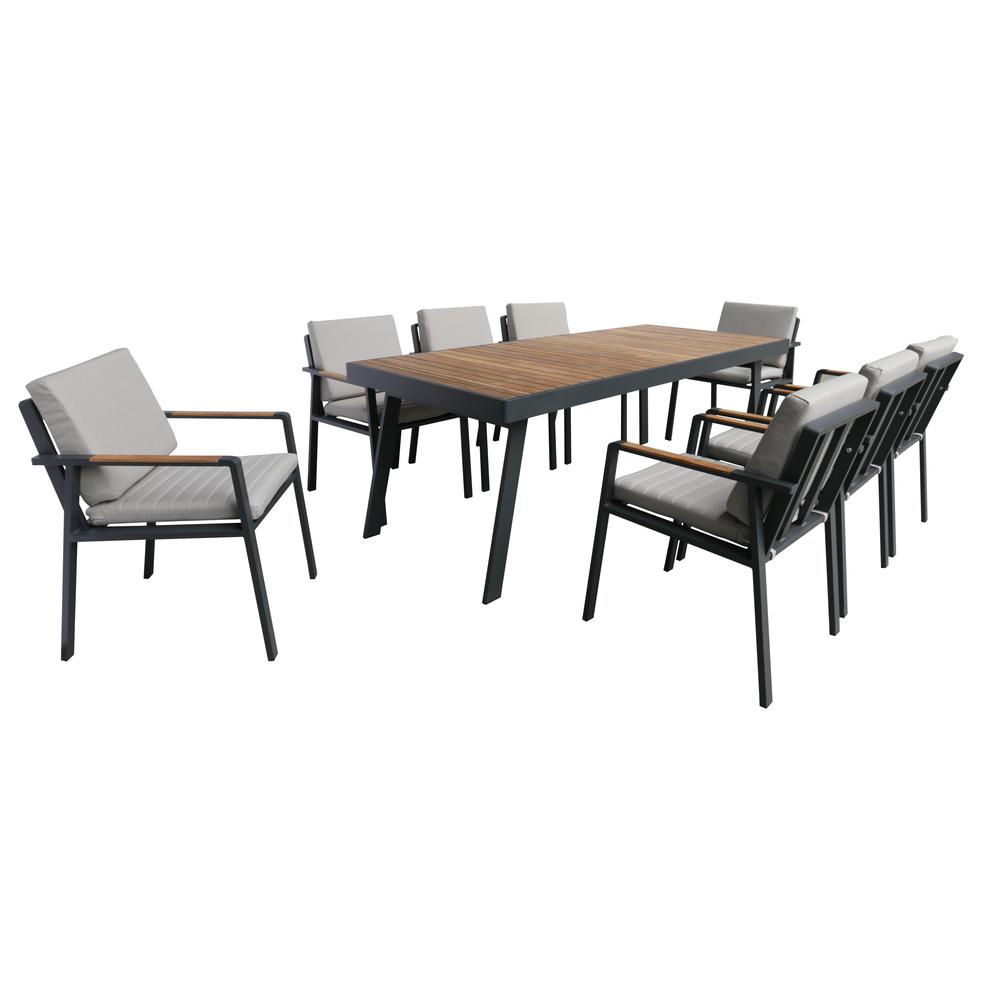 Nofi Outdoor Patio Dining Chair in Charcoal Finish with Taupe Cushions and Teak Wood Accent Arms  - Set of 2. Picture 3