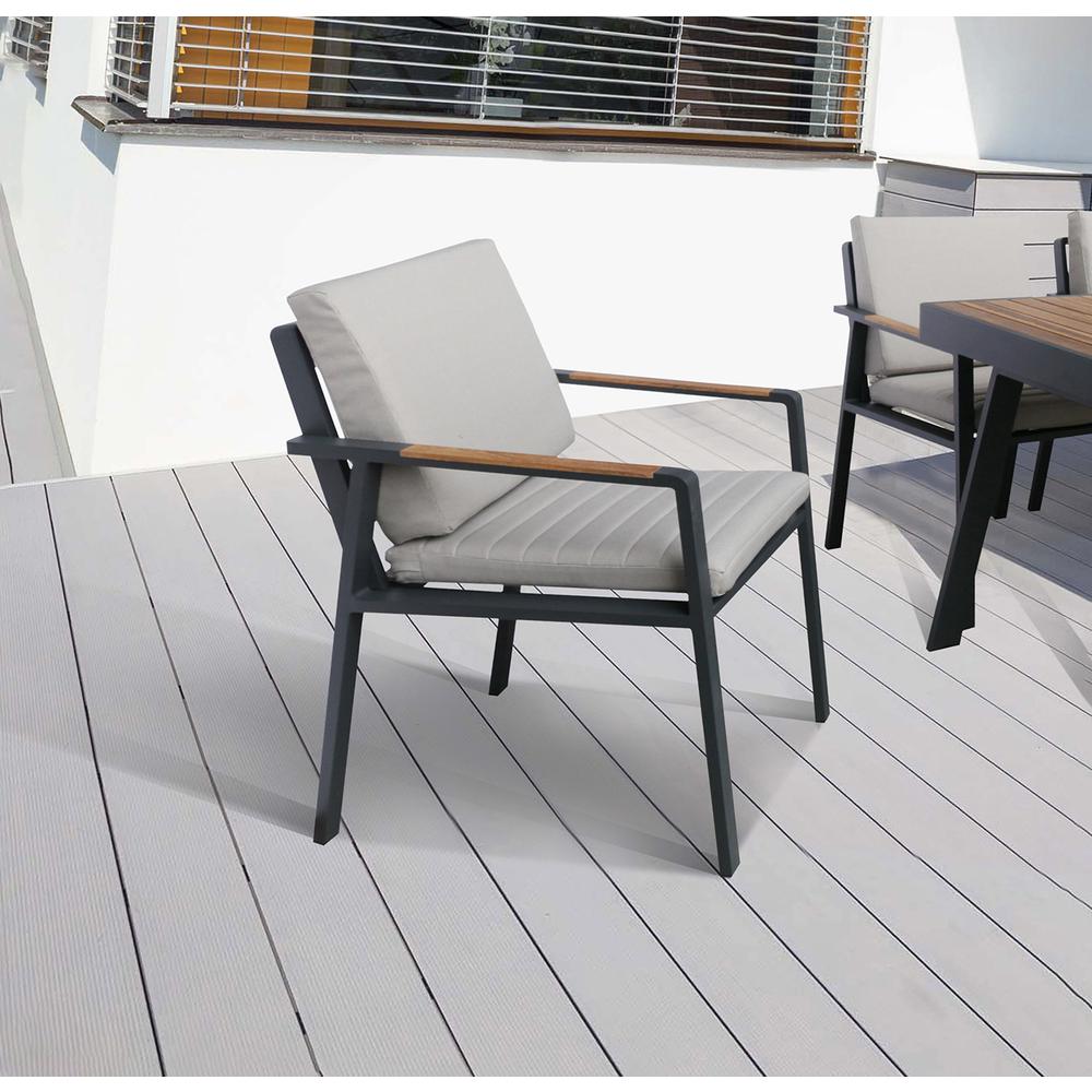 Nofi Outdoor Patio Dining Chair in Charcoal Finish with Taupe Cushions and Teak Wood Accent Arms  - Set of 2. Picture 4