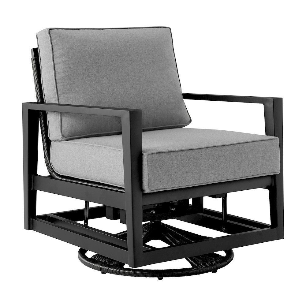 Cayman Black Aluminum Outdoor Swivel Glider Chair with Dark Gray Cushions. Picture 1