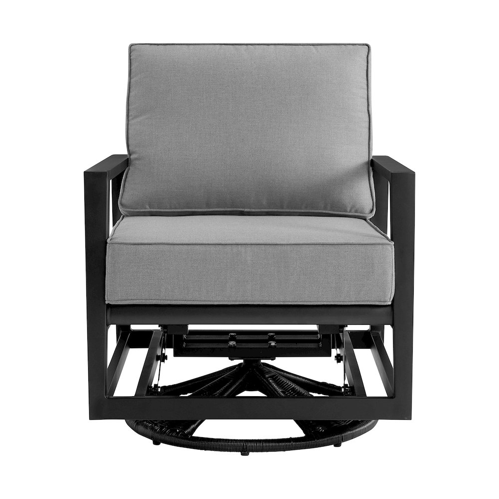 Cayman Black Aluminum Outdoor Swivel Glider Chair with Dark Gray Cushions. Picture 2