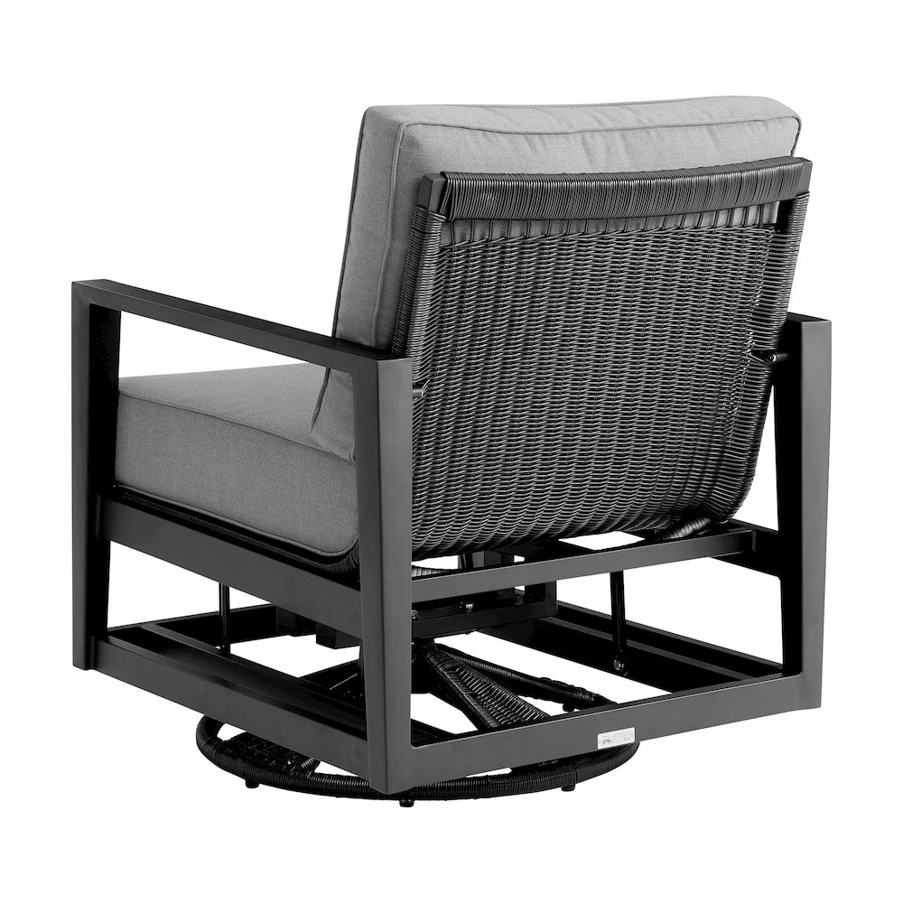 Cayman Black Aluminum Outdoor Swivel Glider Chair with Dark Gray Cushions. Picture 3