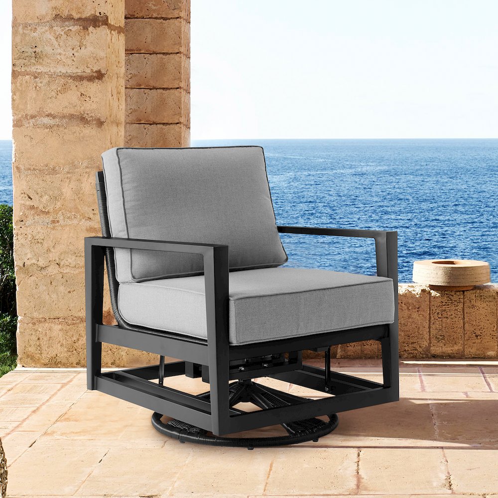 Cayman Black Aluminum Outdoor Swivel Glider Chair with Dark Gray Cushions. Picture 7