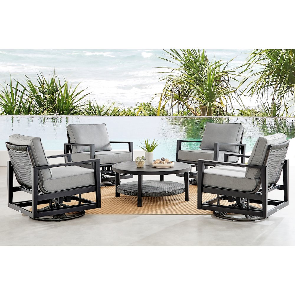 Cayman Black Aluminum Outdoor Swivel Glider Chair with Dark Gray Cushions. Picture 8