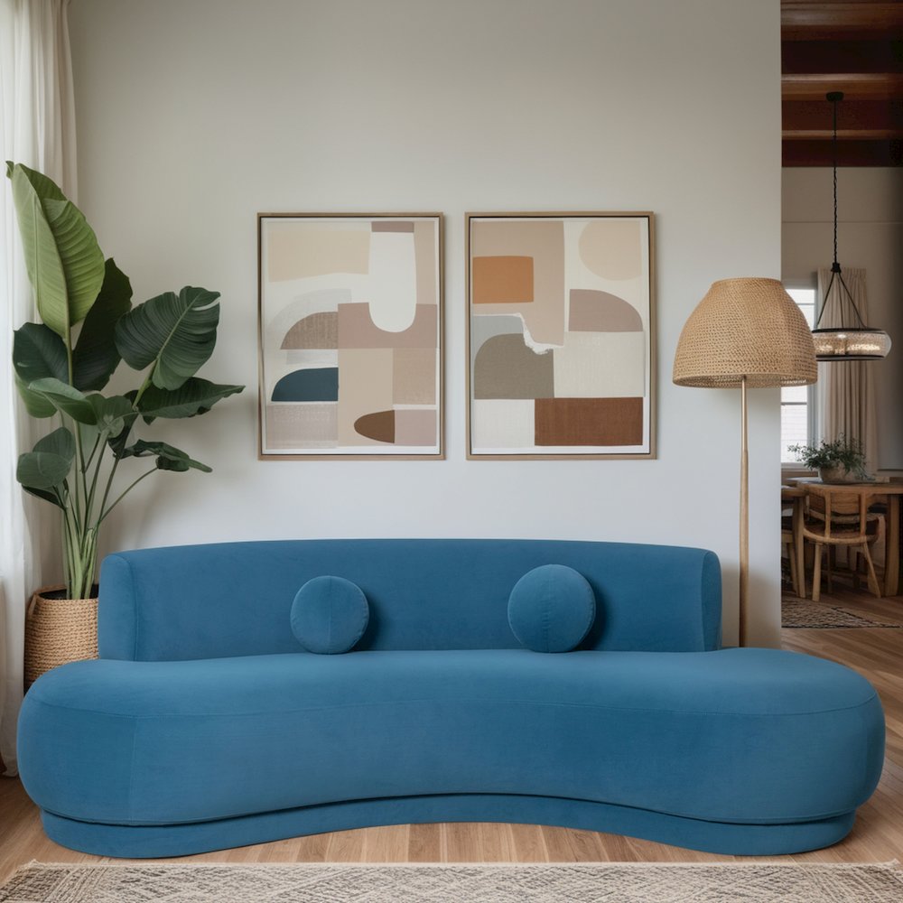 Oakland 97.5 in. 3-Seater Sofa in Blue Fabric with Oval Seat. Picture 8