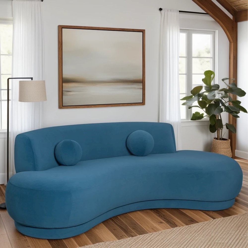 Oakland 97.5 in. 3-Seater Sofa in Blue Fabric with Oval Seat. Picture 9