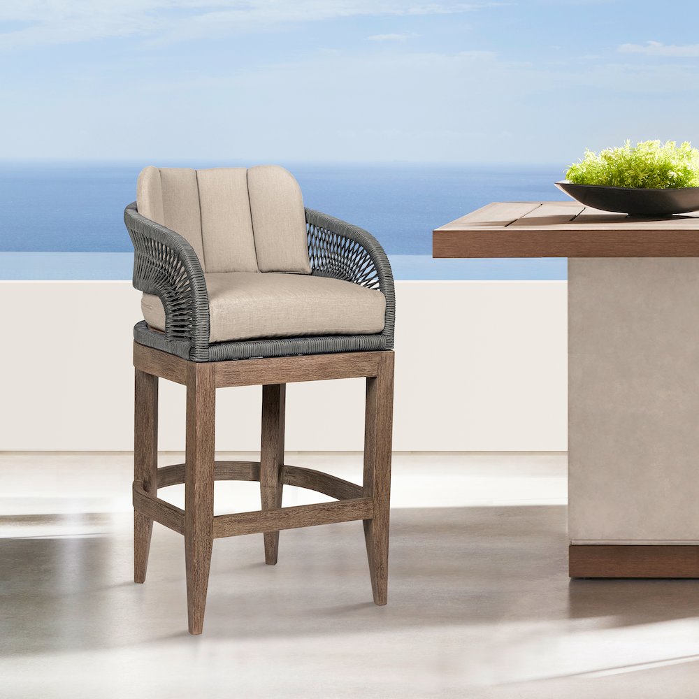 Outdoor Patio 26" Counter Stool in Weathered Eucalyptus Wood with Gray Rope. Picture 11