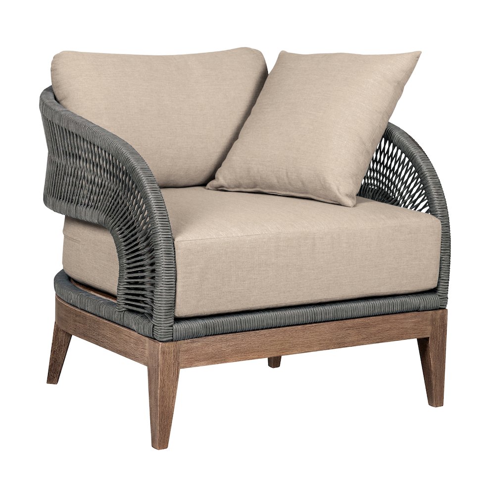 Orbit Outdoor Patio Chair in Weathered Eucalyptus Wood with Gray Rope. Picture 1