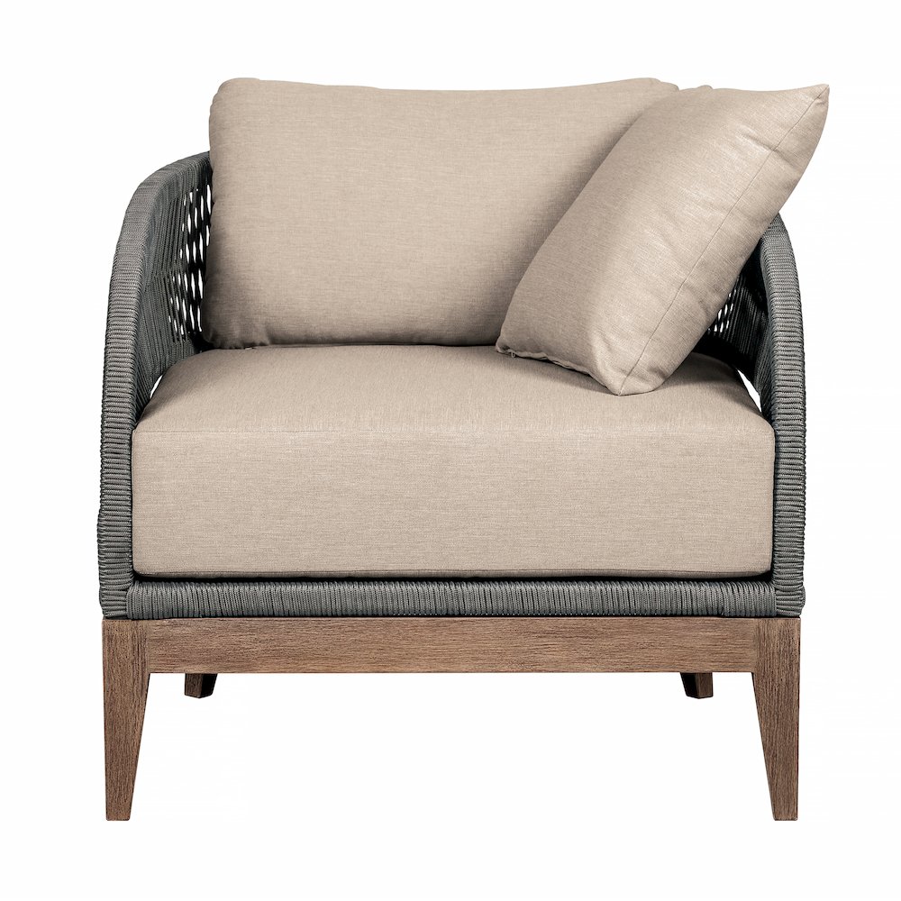 Orbit Outdoor Patio Chair in Weathered Eucalyptus Wood with Gray Rope. Picture 2