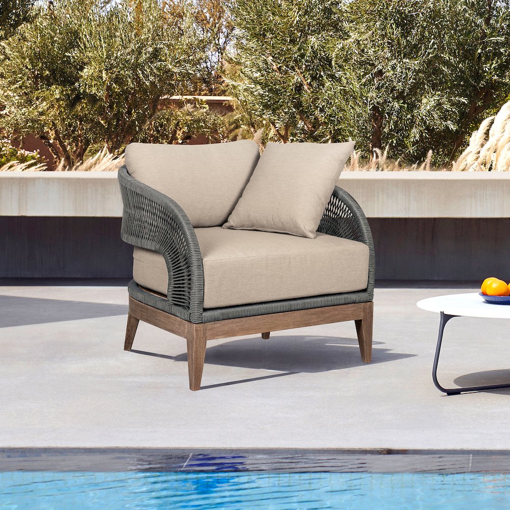 Orbit Outdoor Patio Chair in Weathered Eucalyptus Wood with Gray Rope. Picture 10