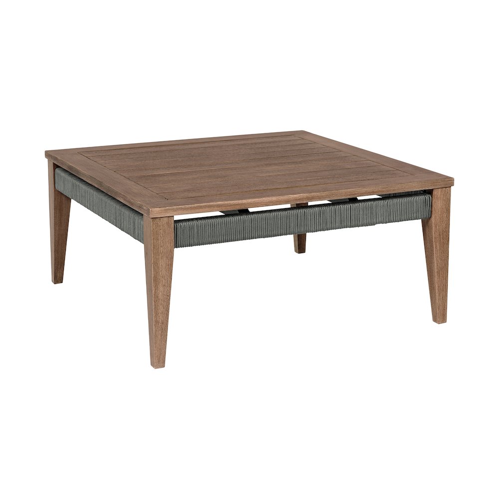 Orbit Square Outdoor Patio Coffee Table in Weathered Eucalyptus Wood. Picture 1