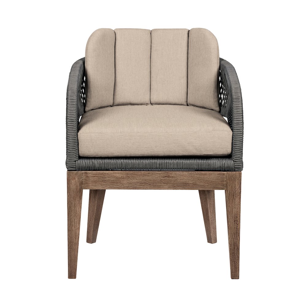Orbit Outdoor Patio Dining Chair in Weathered Eucalyptus Wood with Gray Rope. Picture 2