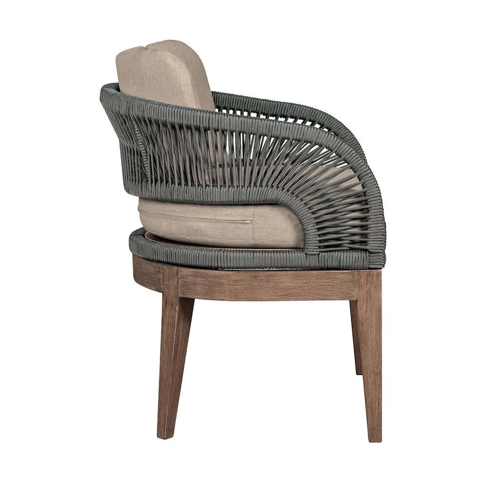 Orbit Outdoor Patio Dining Chair in Weathered Eucalyptus Wood with Gray Rope. Picture 3