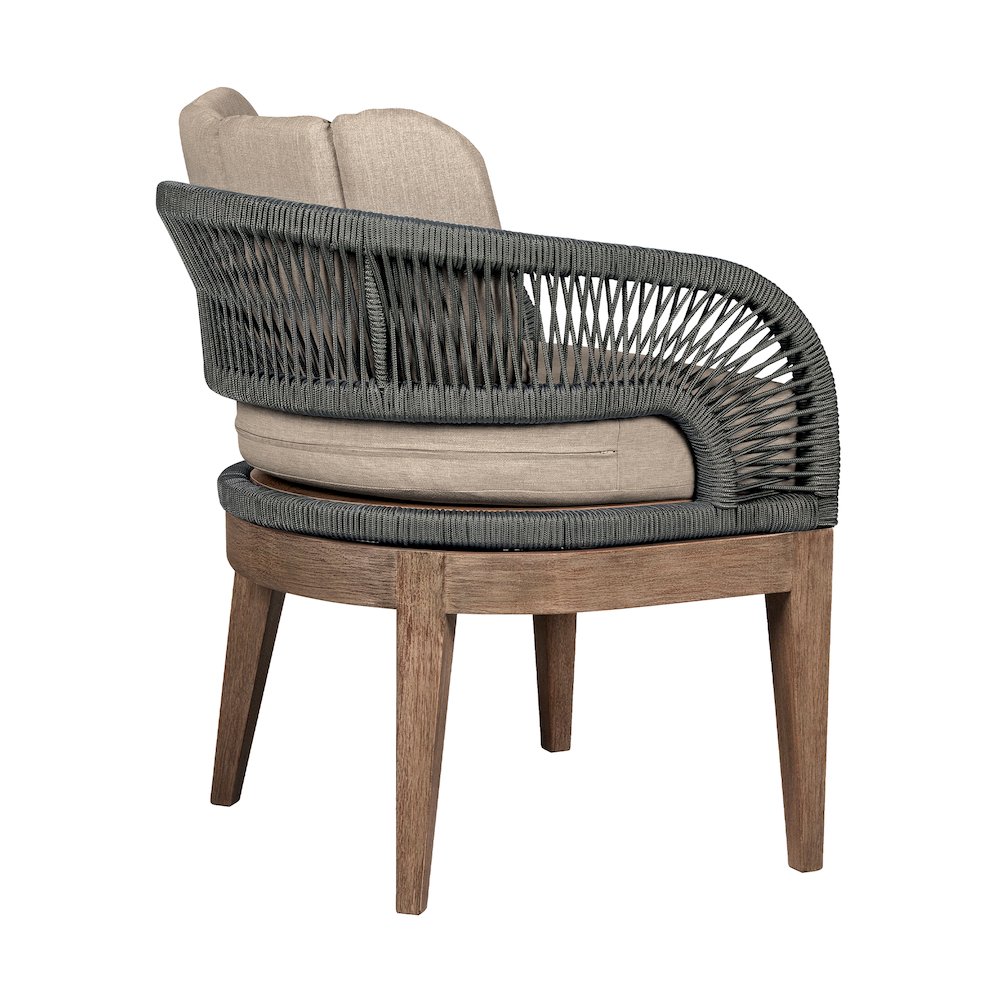Orbit Outdoor Patio Dining Chair in Weathered Eucalyptus Wood with Gray Rope. Picture 4