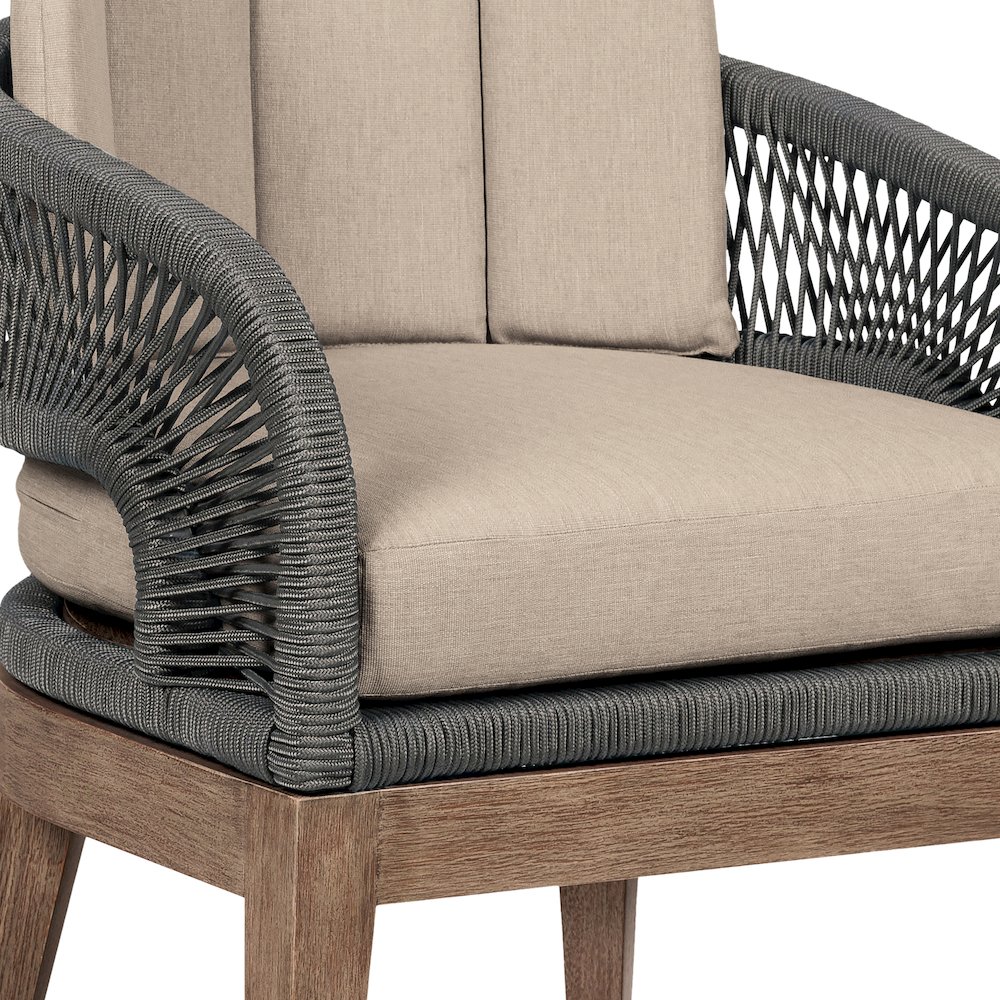 Orbit Outdoor Patio Dining Chair in Weathered Eucalyptus Wood with Gray Rope. Picture 5