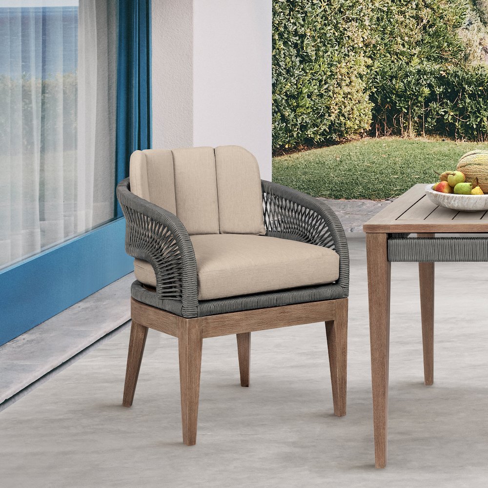 Orbit Outdoor Patio Dining Chair in Weathered Eucalyptus Wood with Gray Rope. Picture 10
