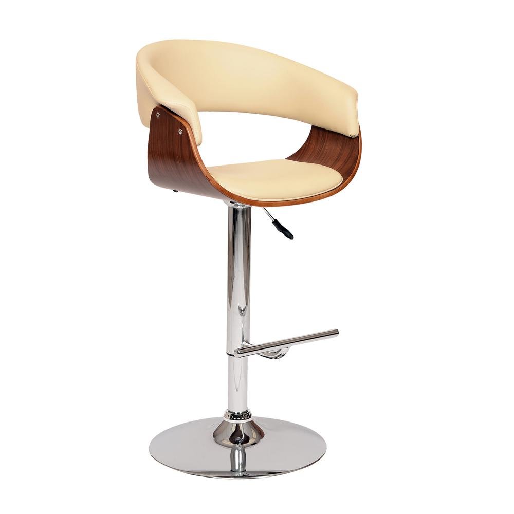 Swivel Bar Stool with Cream Leatherette Seat, Walnut Veneer, and Chrome Base. Picture 1