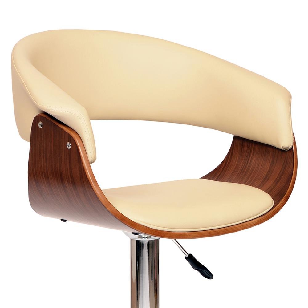 Swivel Bar Stool with Cream Leatherette Seat, Walnut Veneer, and Chrome Base. Picture 2