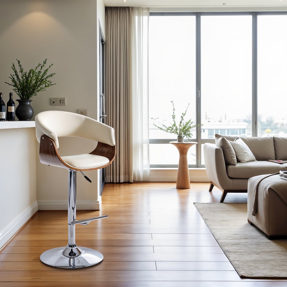 Swivel Bar Stool with Cream Leatherette Seat, Walnut Veneer, and Chrome Base. Picture 4
