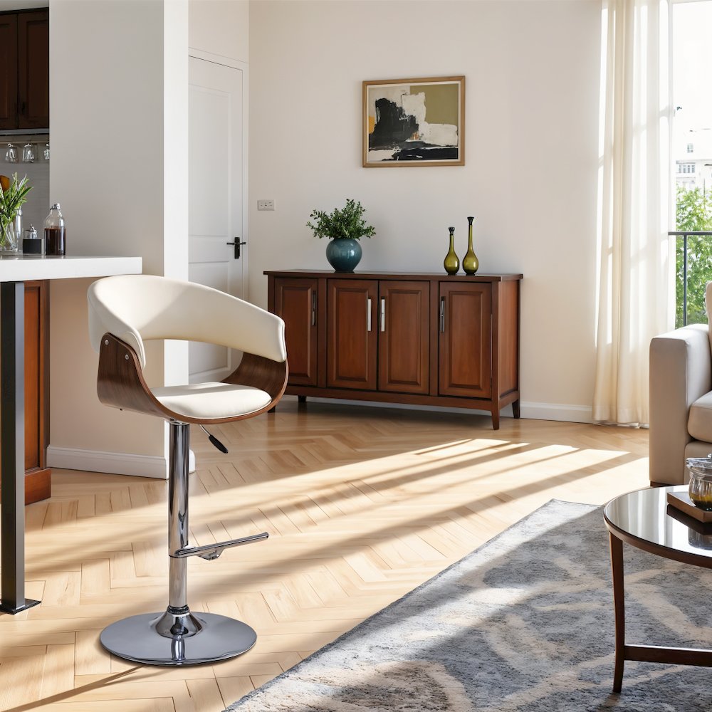 Swivel Bar Stool with Cream Leatherette Seat, Walnut Veneer, and Chrome Base. Picture 5