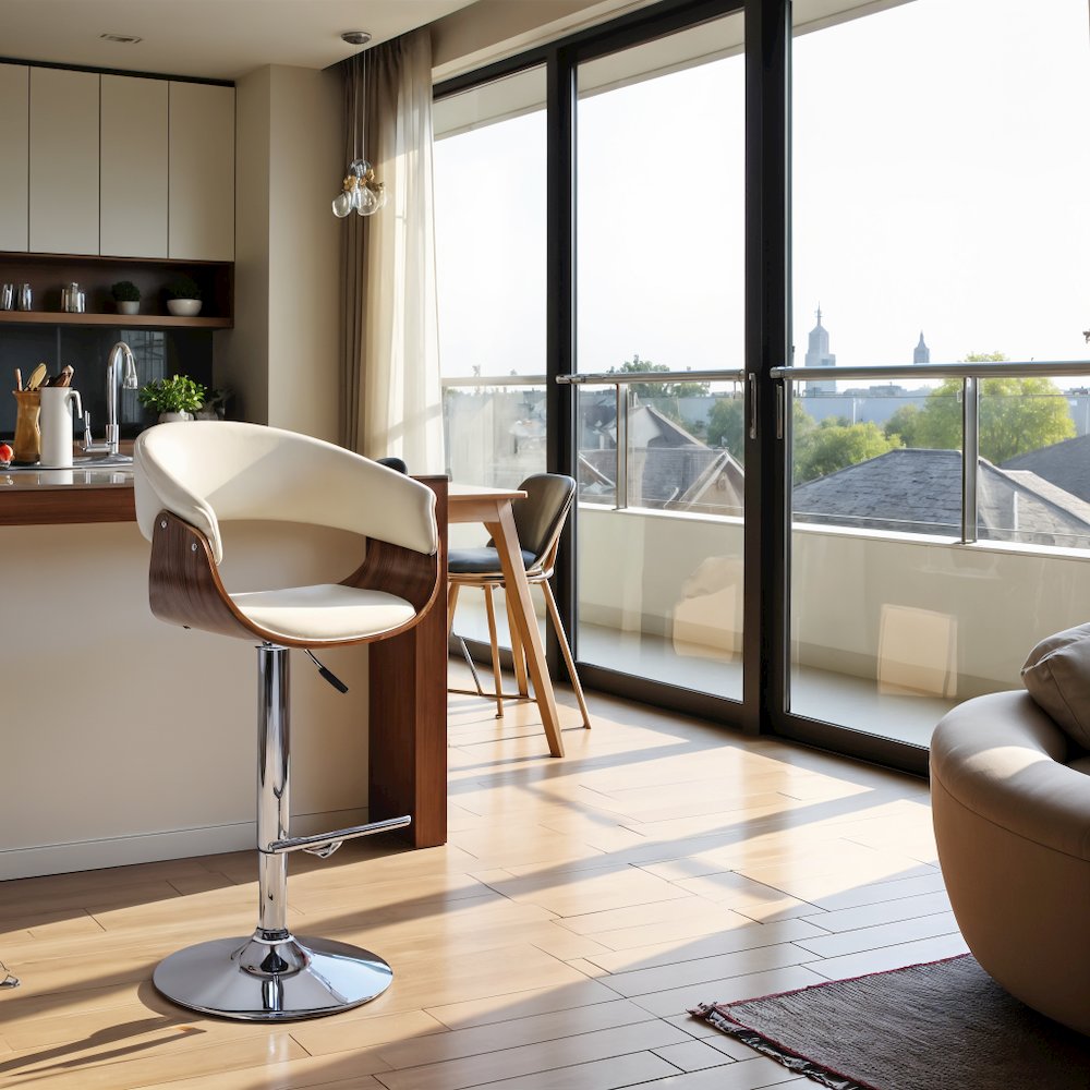 Swivel Bar Stool with Cream Leatherette Seat, Walnut Veneer, and Chrome Base. Picture 6