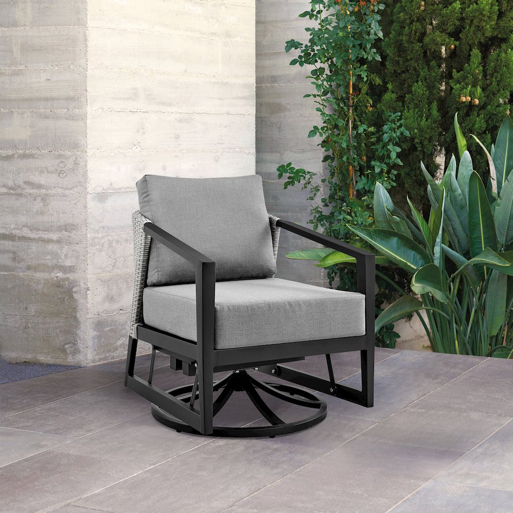 Palma Outdoor Patio Swivel Lounge Chair in Aluminum with Gray Cushions. Picture 7