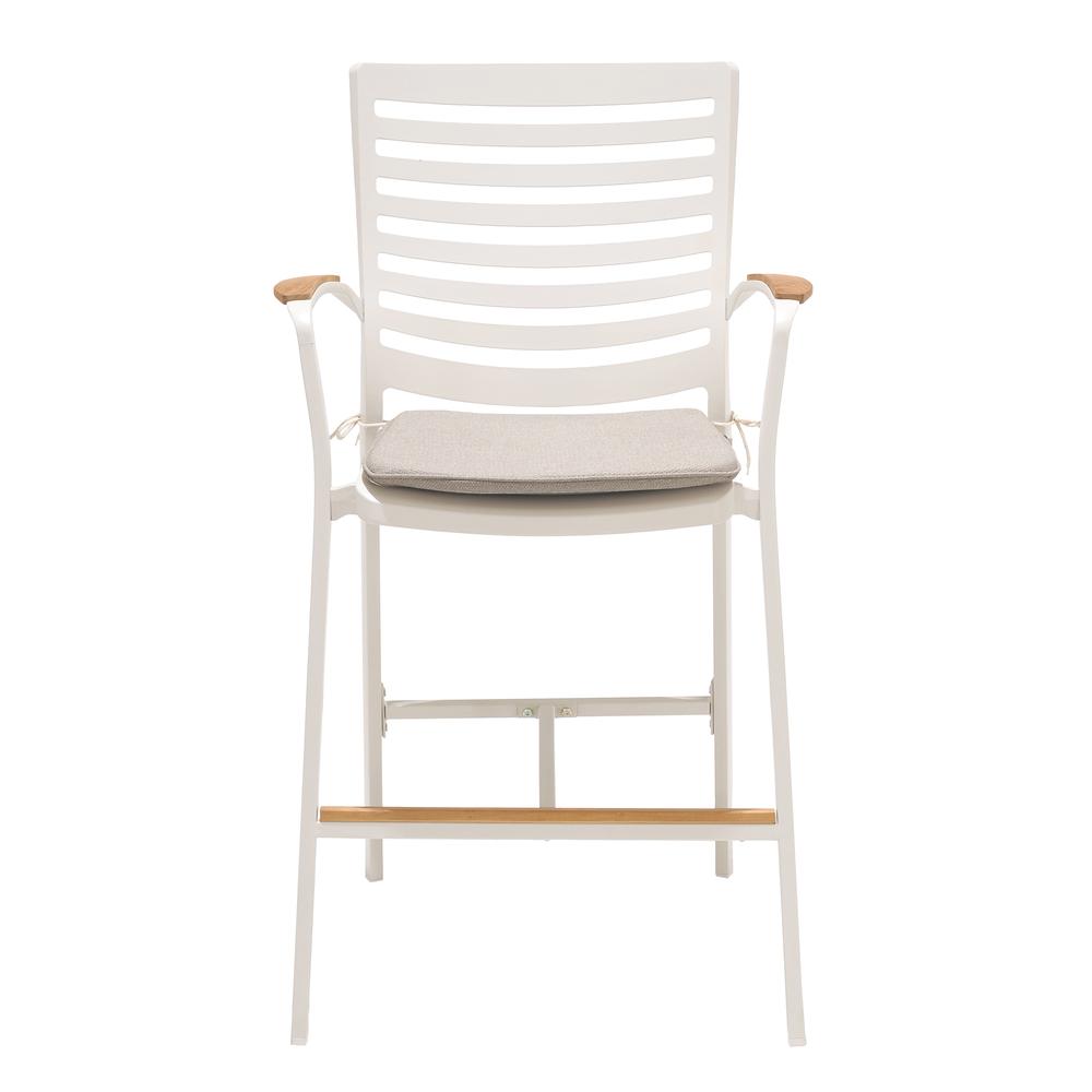Portals Outdoor Patio Aluminum Barstool in Light Matte Sand with Natural Teak Wood Accent. Picture 2