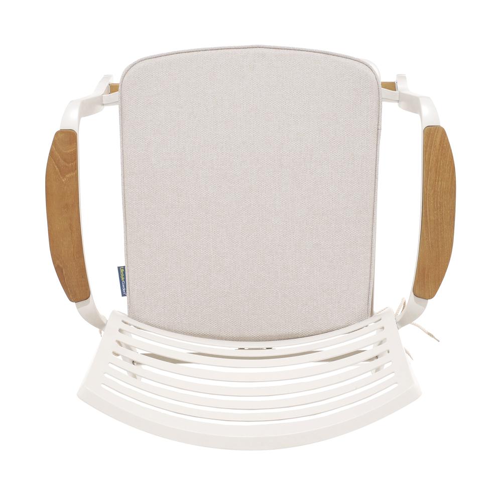Portals Outdoor Patio Aluminum Barstool in Light Matte Sand with Natural Teak Wood Accent. Picture 4