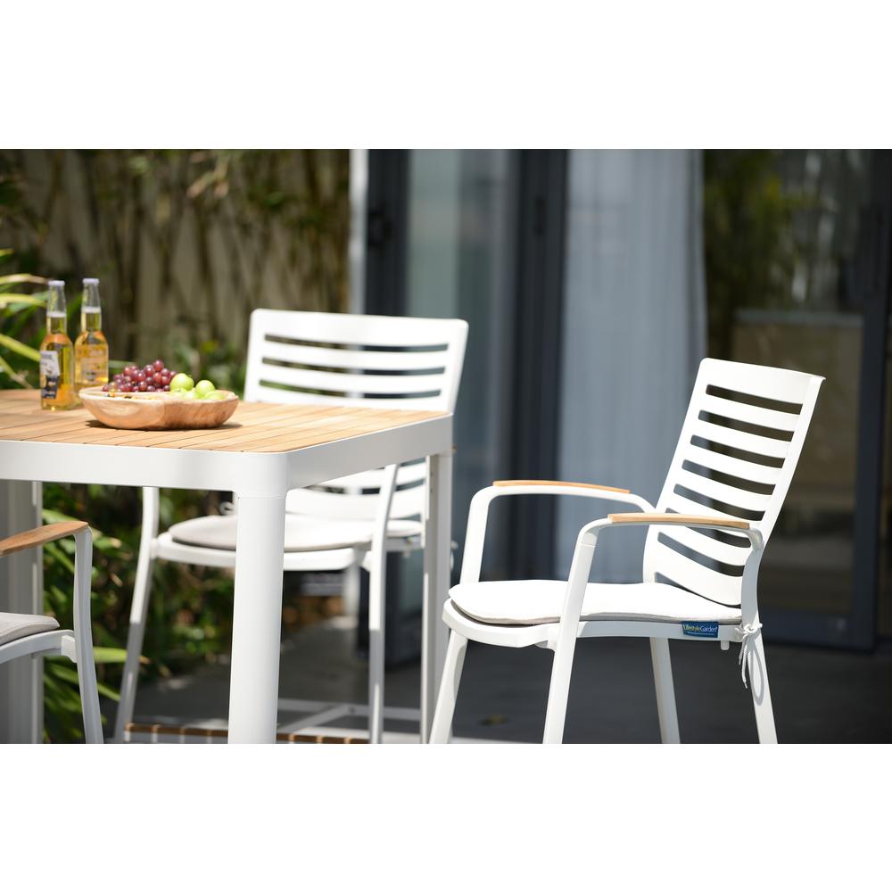 Portals Outdoor Patio Aluminum Barstool in Light Matte Sand with Natural Teak Wood Accent. Picture 6
