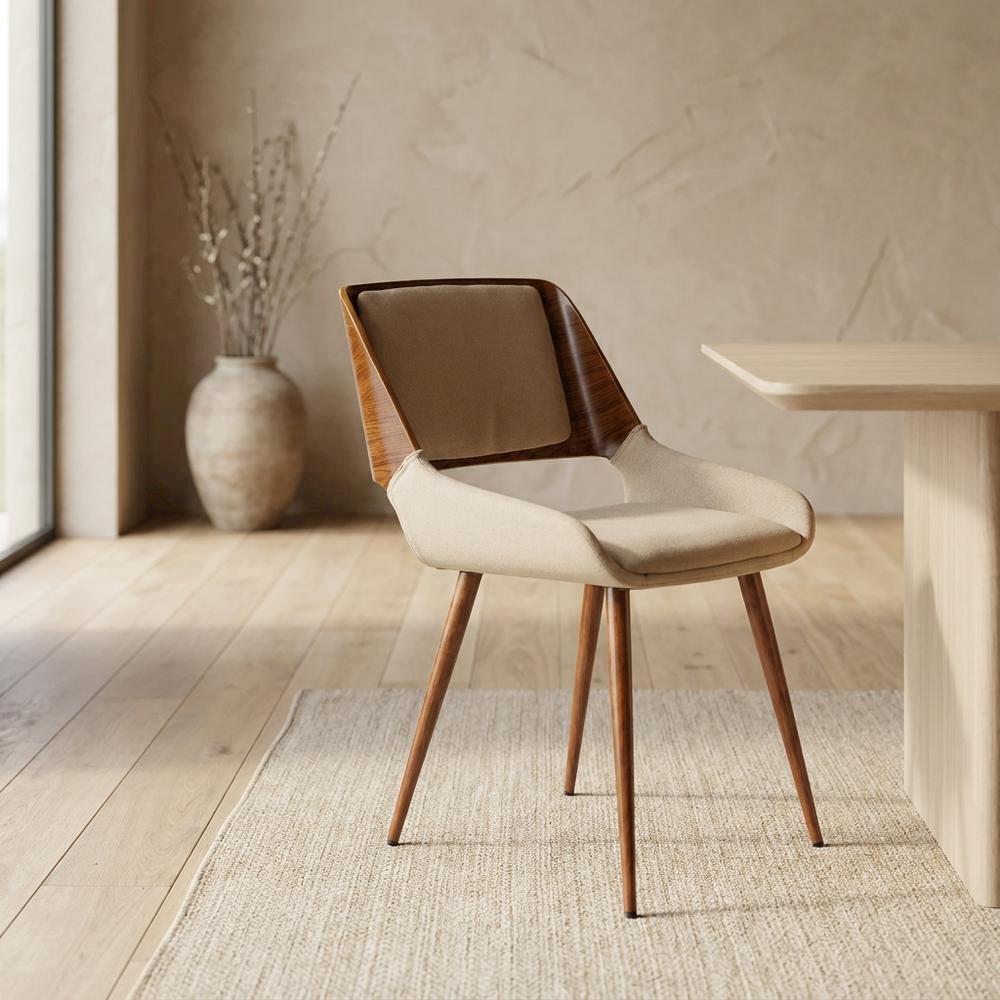 Mid-Century Modern Dining Chair in Wood with Fabric Seat and Arms, Walnut. Picture 3