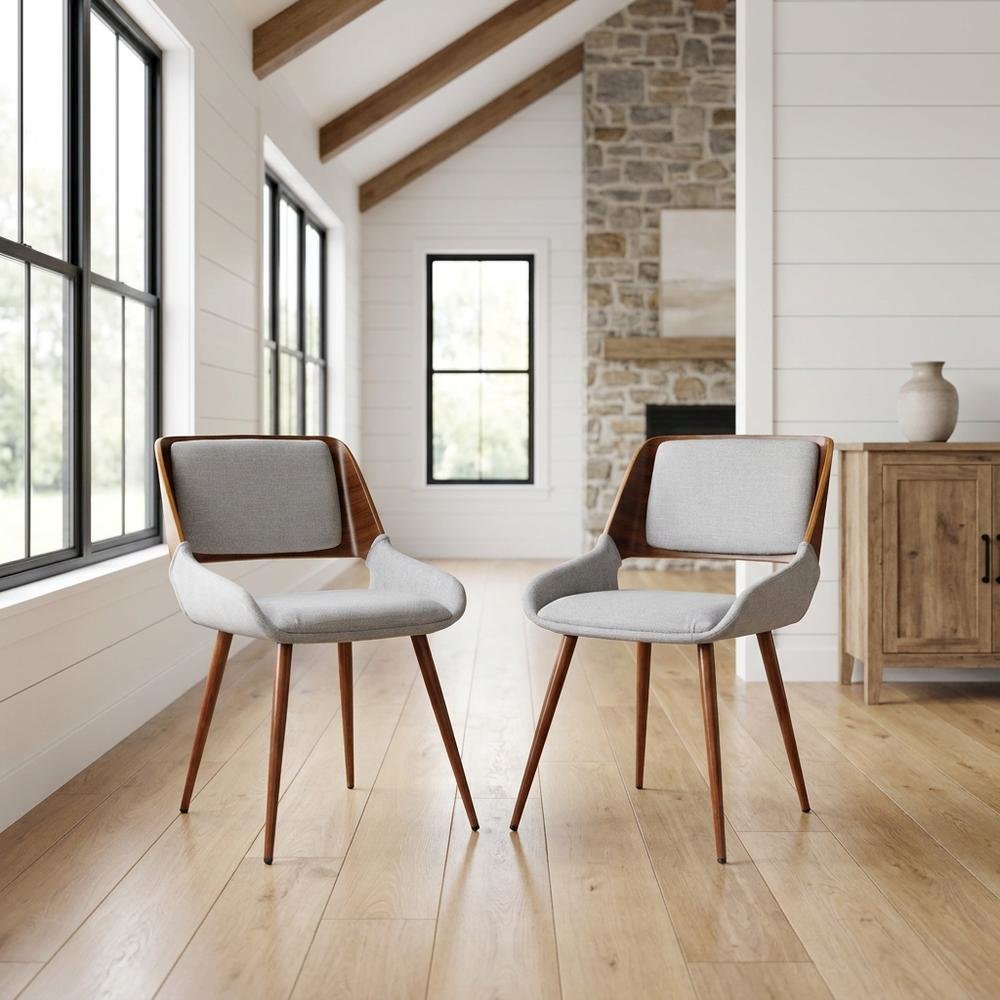 Walnut Wood Mid-Century Modern Upholstered Fabric Dining Chairs, Brown, Set of 2. Picture 3