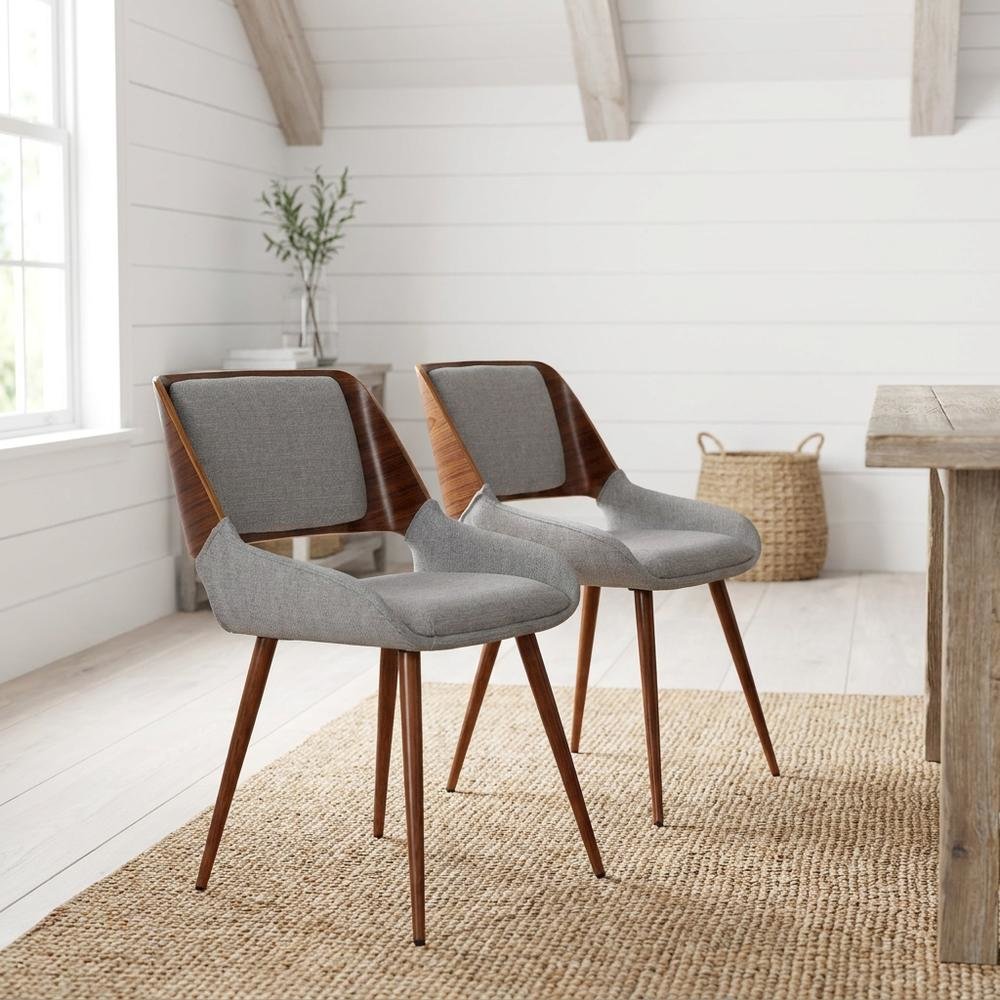 Walnut Wood Mid-Century Modern Upholstered Fabric Dining Chairs, Brown, Set of 2. Picture 4