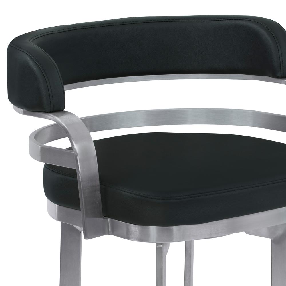 Armen Living Prinz 30" Bar Height Metal Swivel Barstool in Black Faux Leather with Brushed Stainless Steel Finish. Picture 4