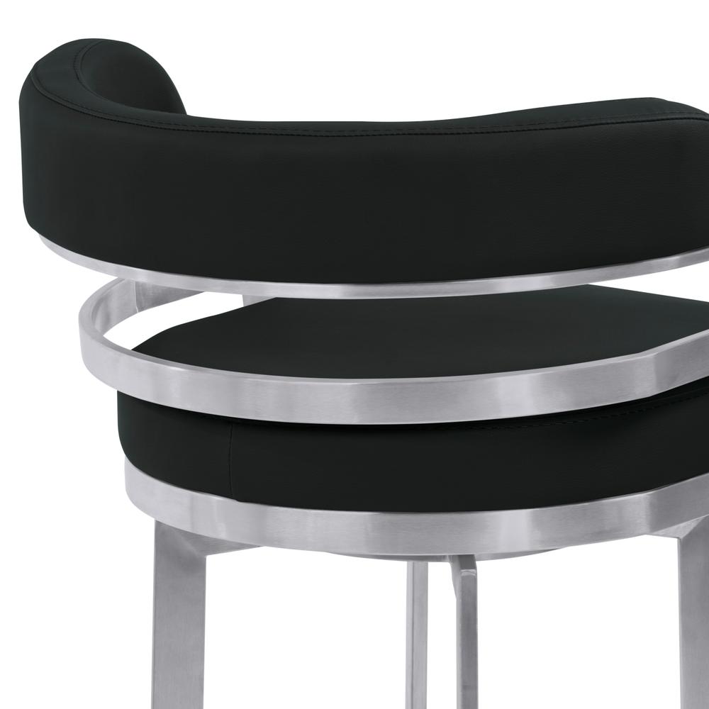 Armen Living Prinz 30" Bar Height Metal Swivel Barstool in Black Faux Leather with Brushed Stainless Steel Finish. Picture 5