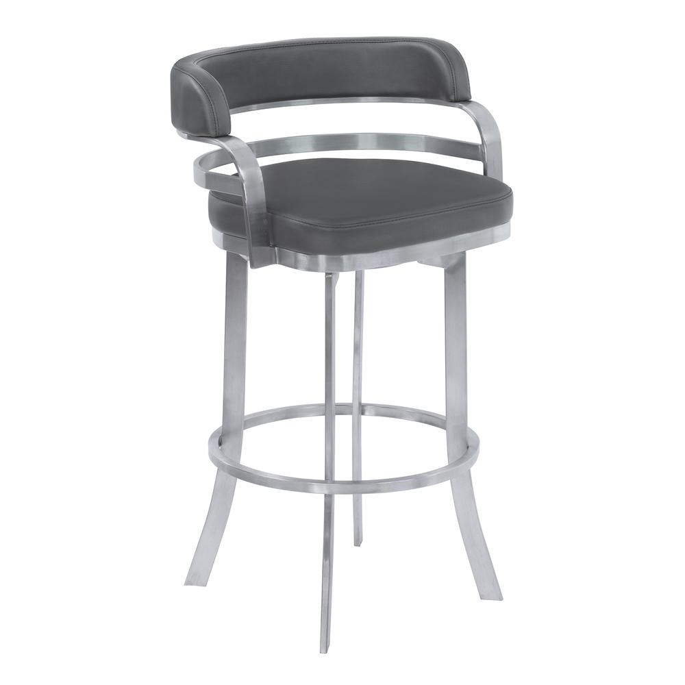 Armen Living Prinz 30" Bar Height Metal Swivel Barstool in Gray Faux Leather with Brushed Stainless Steel Finish. Picture 1