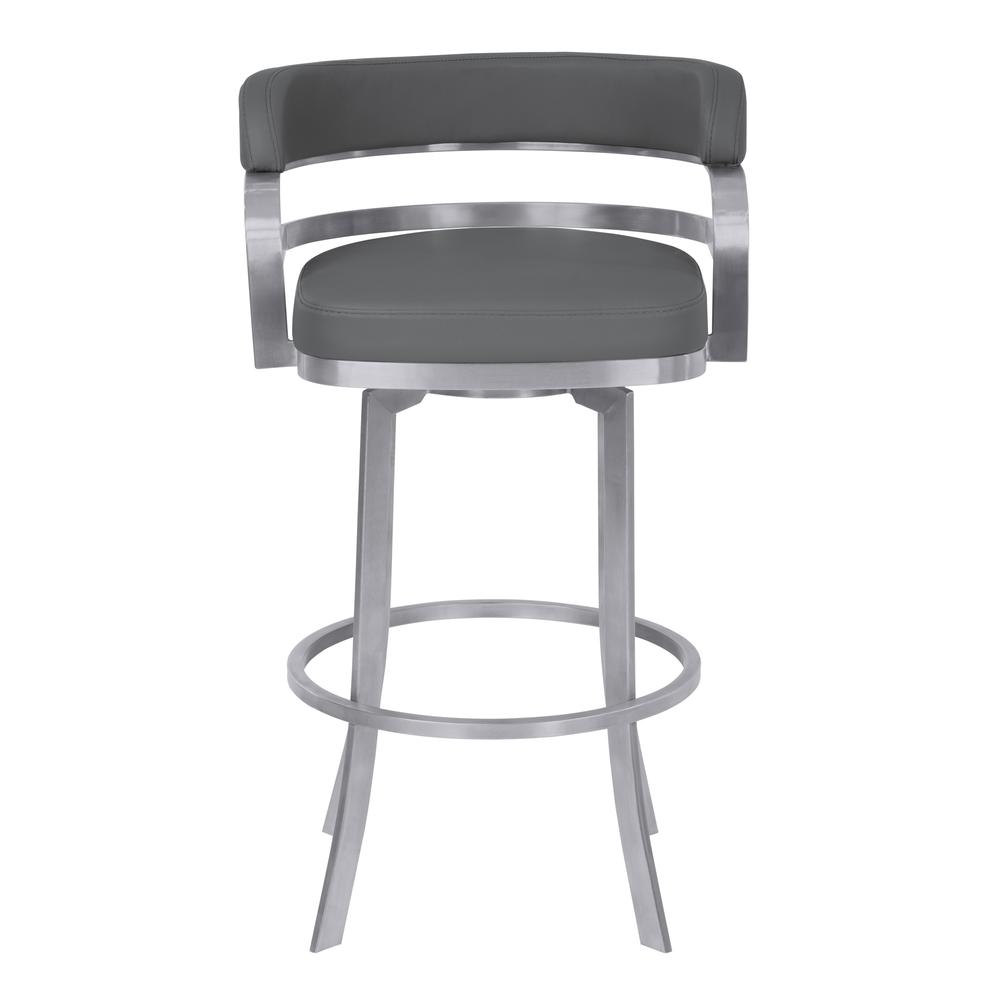 Armen Living Prinz 30" Bar Height Metal Swivel Barstool in Gray Faux Leather with Brushed Stainless Steel Finish. Picture 2